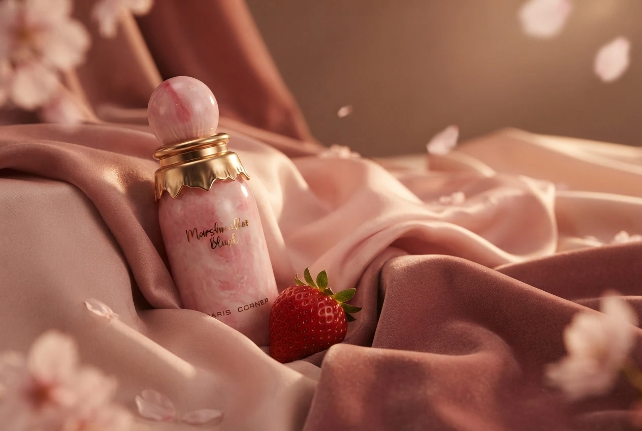 Marshmallow Blush s jahodou na růžovém saténu